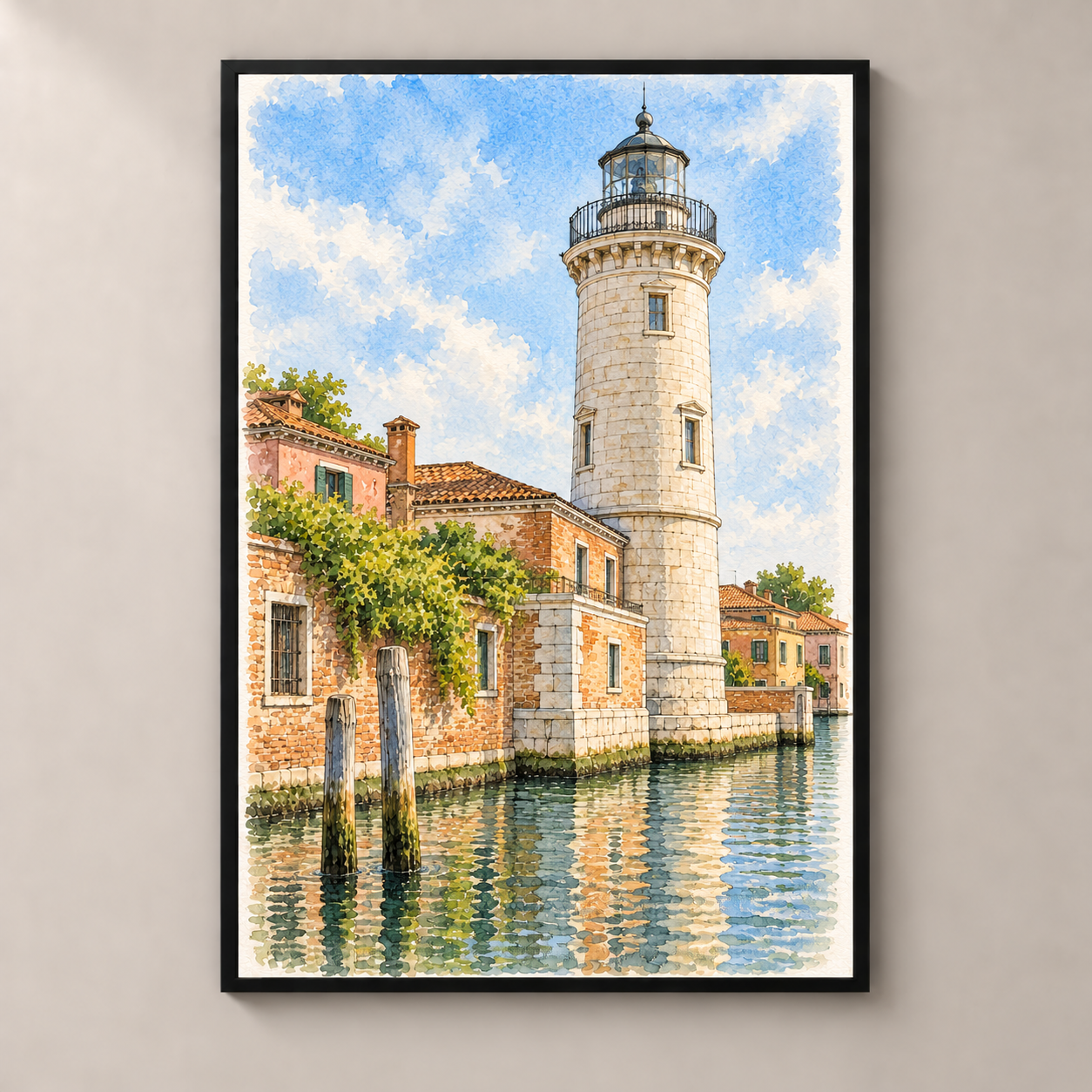 Murano Lighthouse by the Lagoon – poster standalone mockup on beige wall
