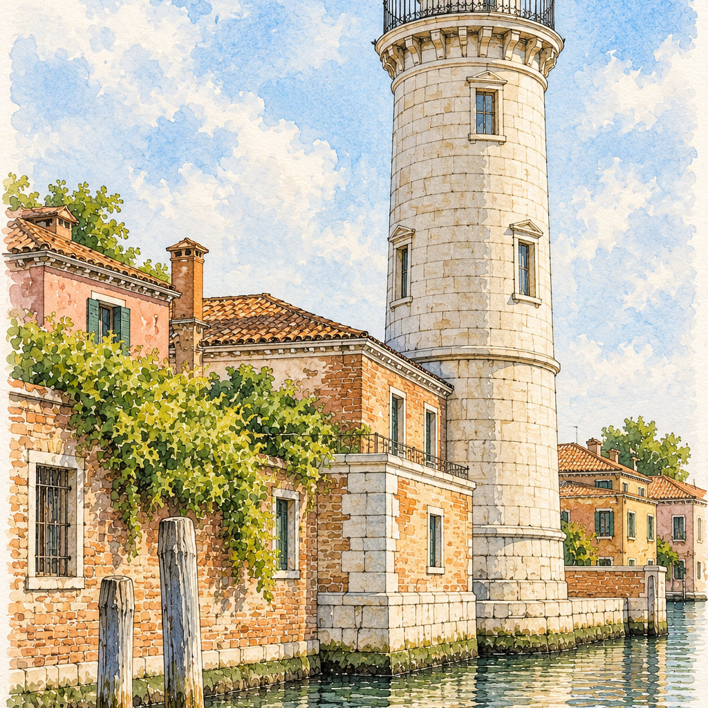 Murano Lighthouse by the Lagoon, Venice vertical ink and watercolour artwork