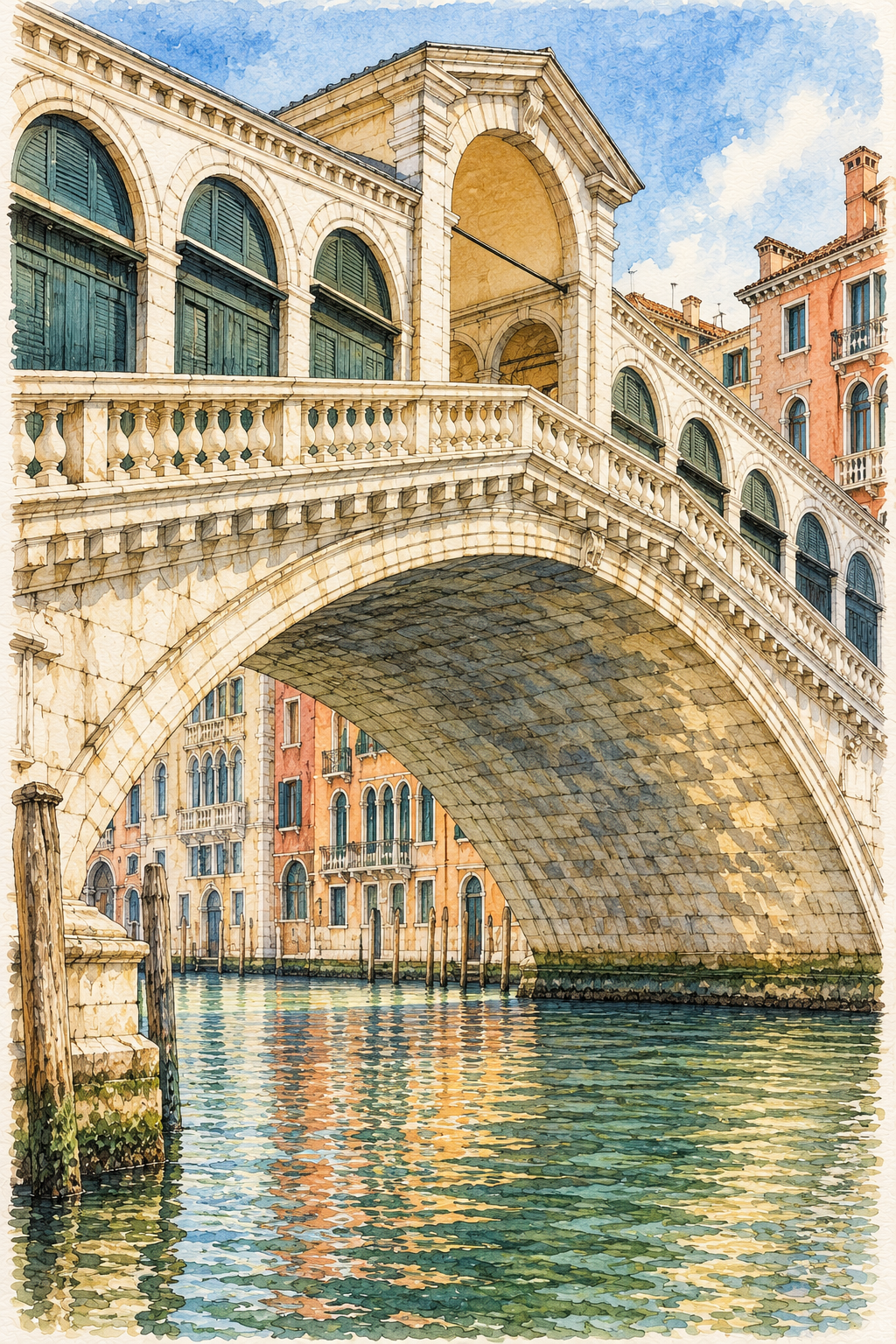 Rialto Bridge over the Grand Canal, Venice vertical ink and watercolour artwork