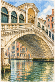 Rialto Bridge over the Grand Canal, Venice vertical ink and watercolour artwork