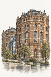 Vienna Gasometers in Watercolour, Vienna vertical ink and watercolour artwork