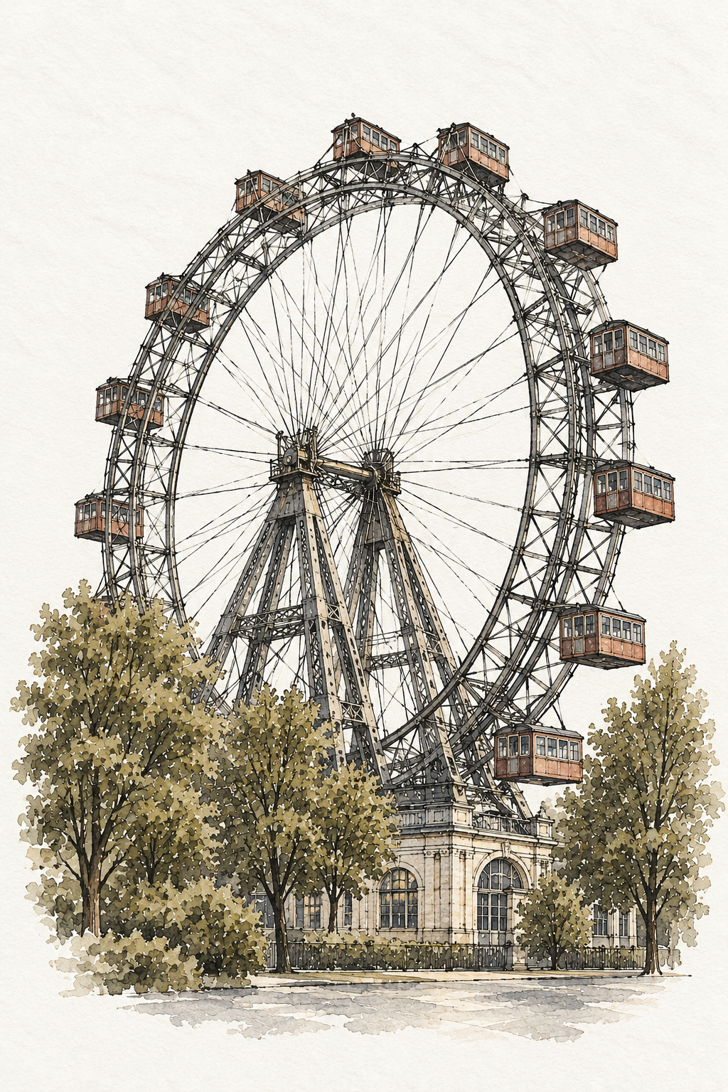 Wiener Riesenrad in Watercolour, Vienna vertical ink and watercolour artwork