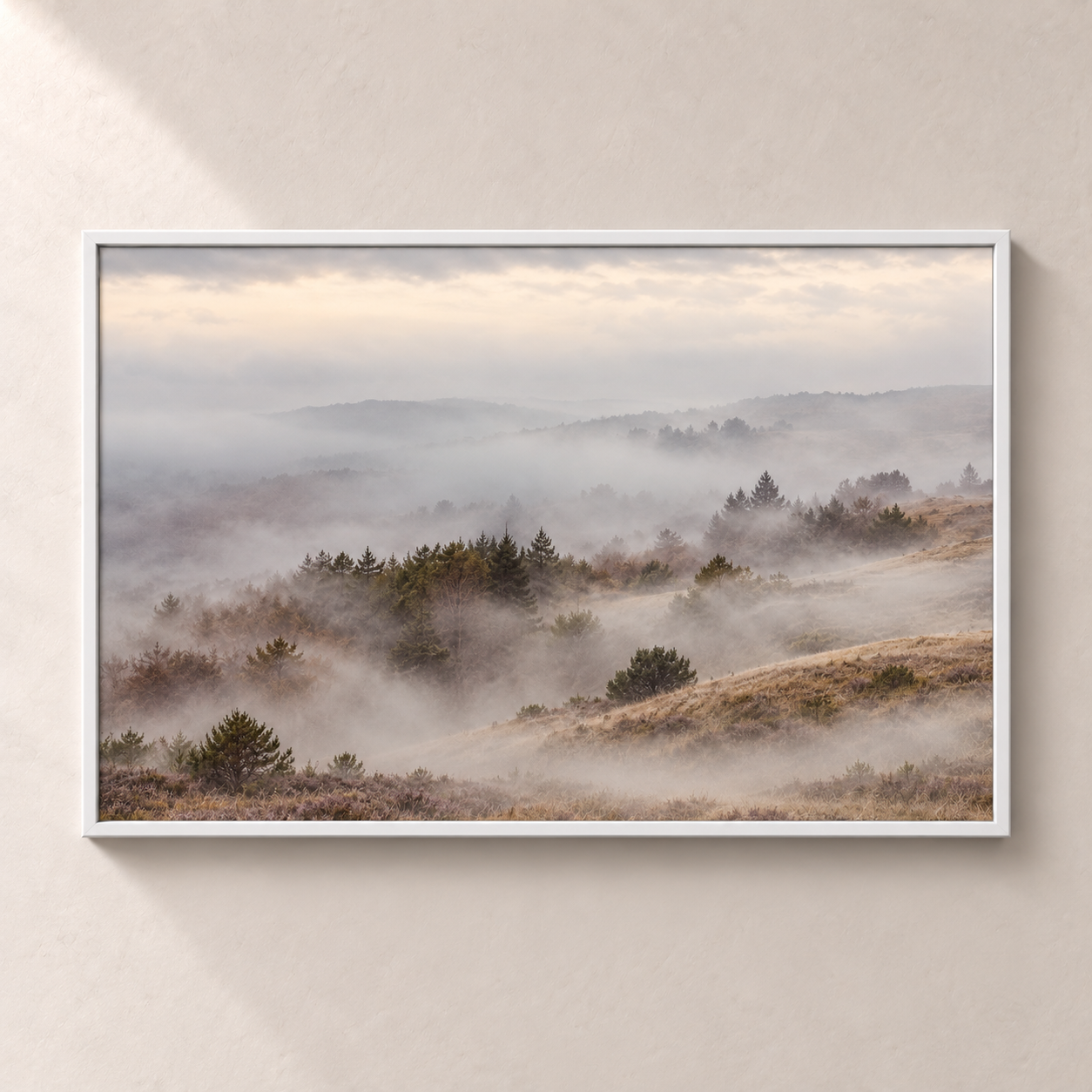 Where the Mist Settles horizontal poster in a white frame, front view on a warm neutral wall