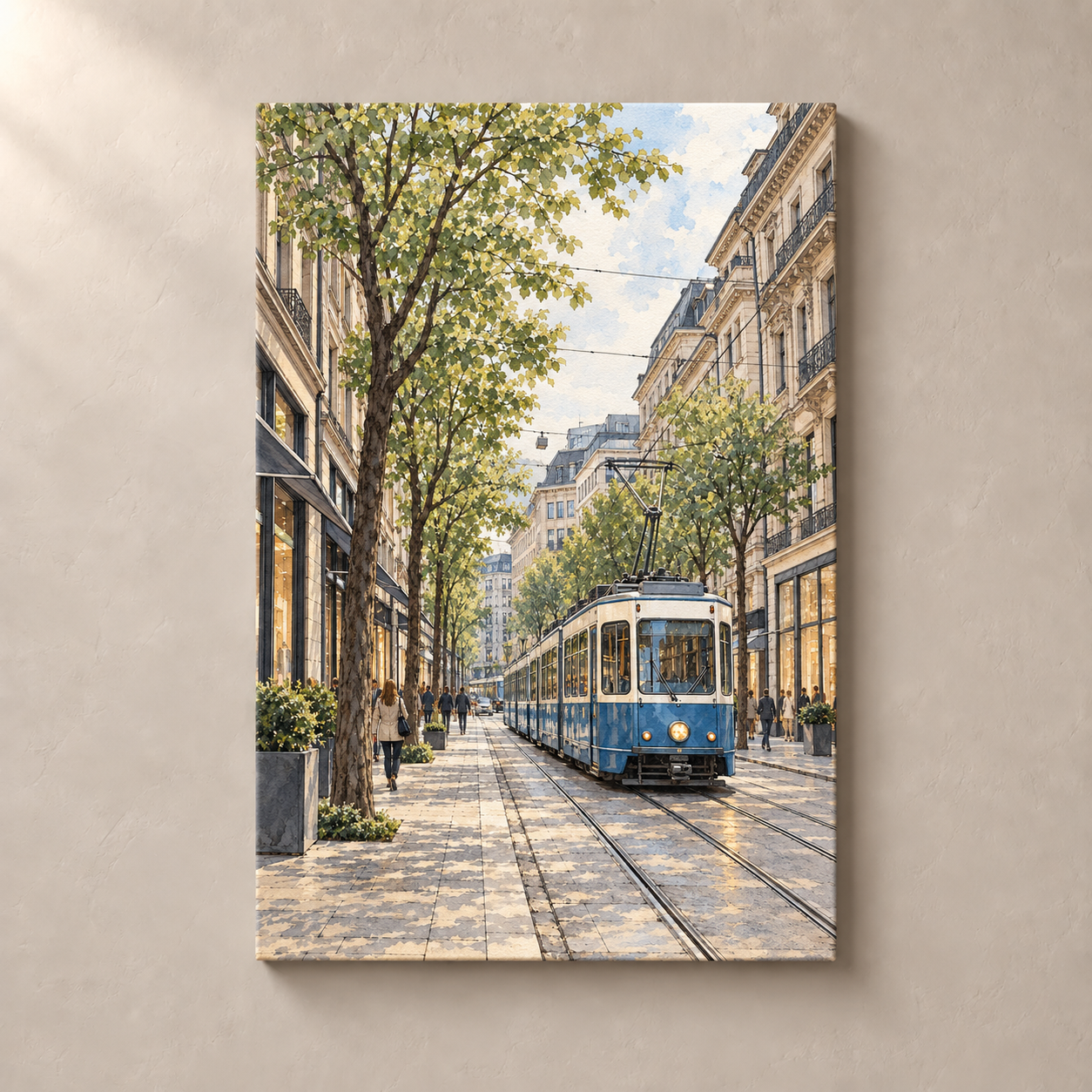Bahnhofstrasse with a Blue Zurich Tram – canvas standalone mockup on beige wall