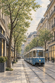 Bahnhofstrasse with a Blue Zurich Tram, Zurich vertical ink and watercolour artwork