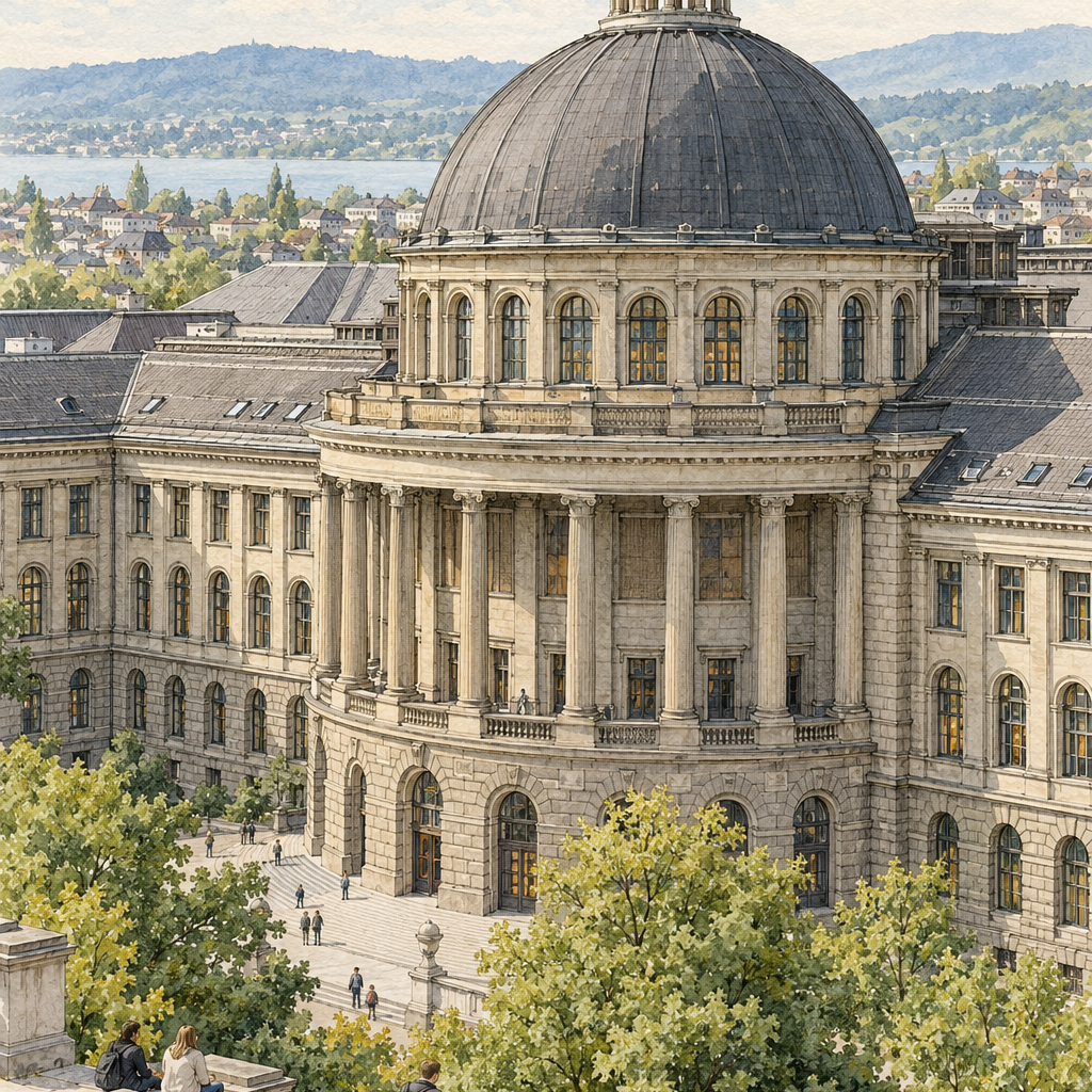 ETH Zurich from the Polyterrasse, Zurich vertical ink and watercolour artwork