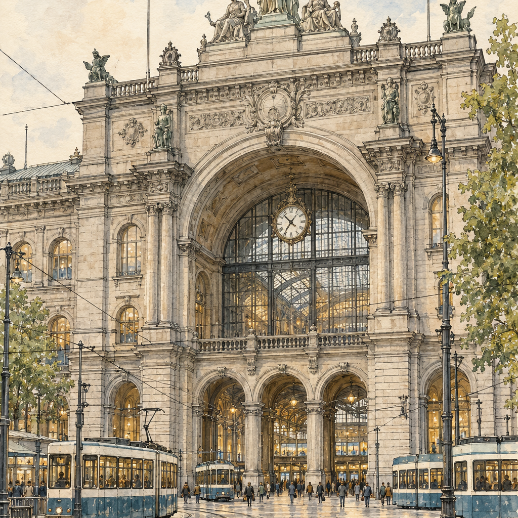 Zurich Hauptbahnhof in Ink and Watercolour, Zurich vertical ink and watercolour artwork