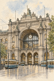 Zurich Hauptbahnhof in Ink and Watercolour, Zurich vertical ink and watercolour artwork