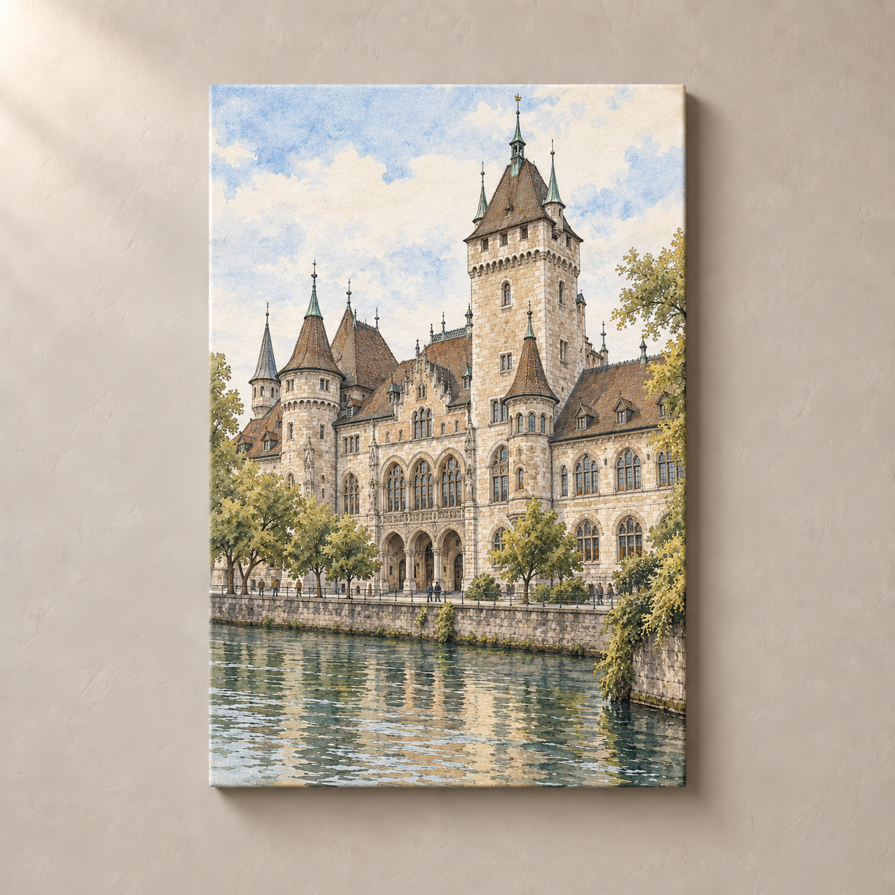 Castle-like Museum by the Limmat – canvas standalone mockup on beige wall