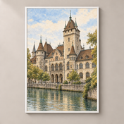 Castle-like Museum by the Limmat – poster standalone mockup on beige wall