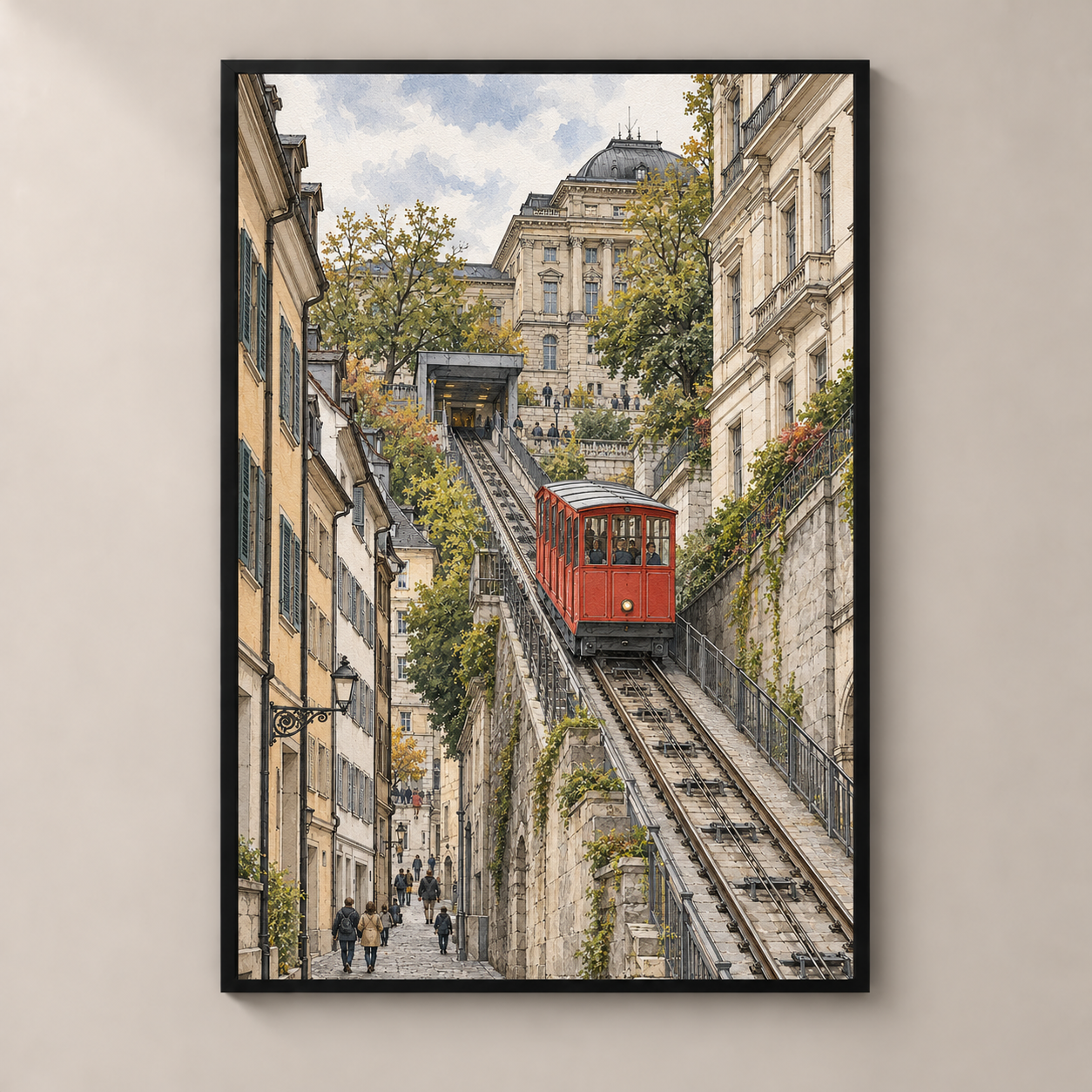 Polybahn to ETH Zurich – poster standalone mockup on beige wall
