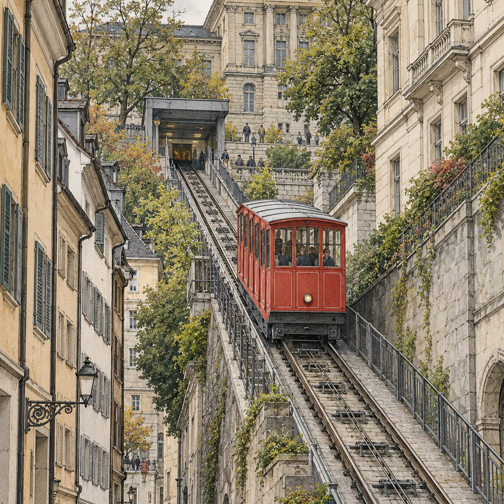 Polybahn to ETH Zurich, Zurich vertical ink and watercolour artwork