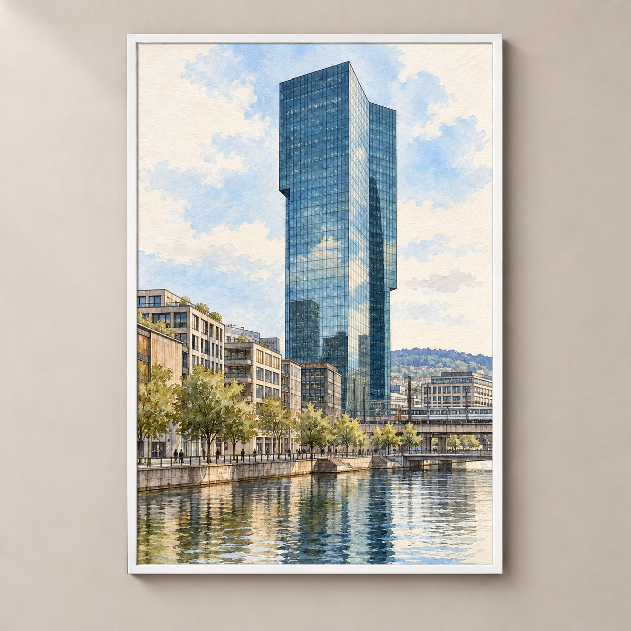 Prime Tower in Zurich West – poster standalone mockup on beige wall