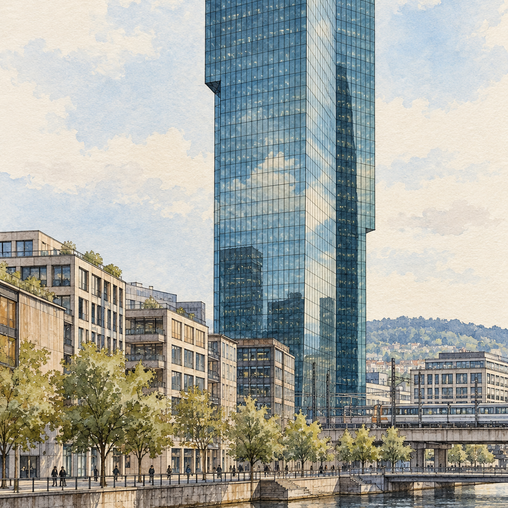 Prime Tower in Zurich West, Zurich vertical ink and watercolour artwork