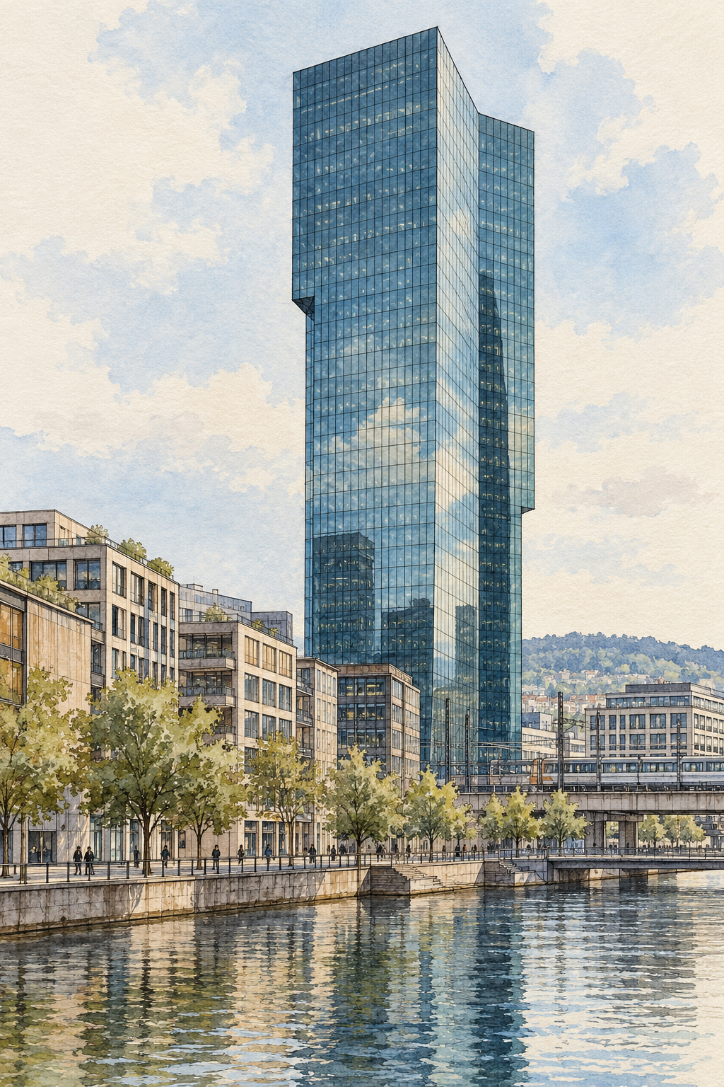 Prime Tower in Zurich West, Zurich vertical ink and watercolour artwork