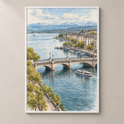 Quaibrücke and the Zurich Waterfront – poster standalone mockup on beige wall