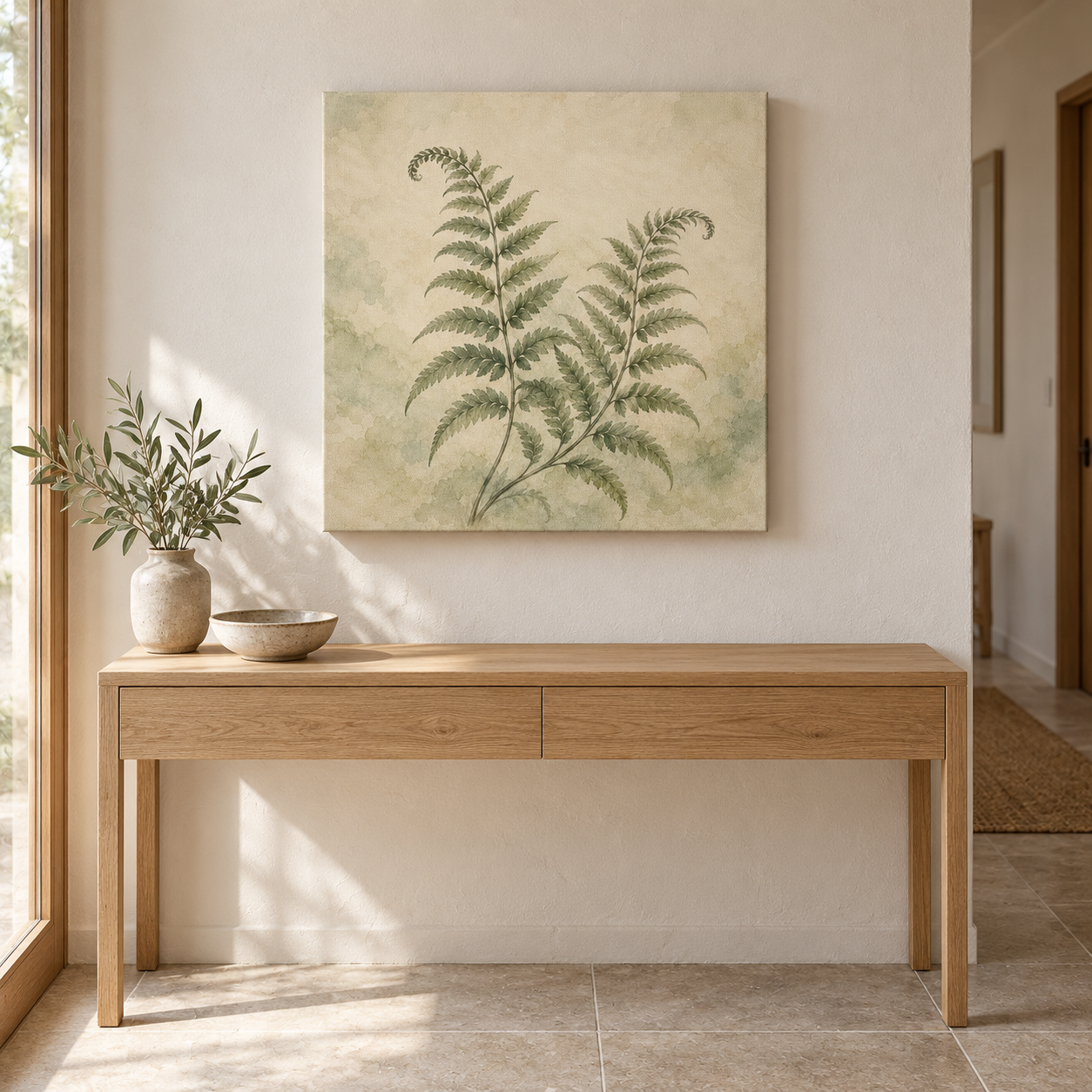 Fern on Quiet Paper 60 x 60 cm canvas in a European interior