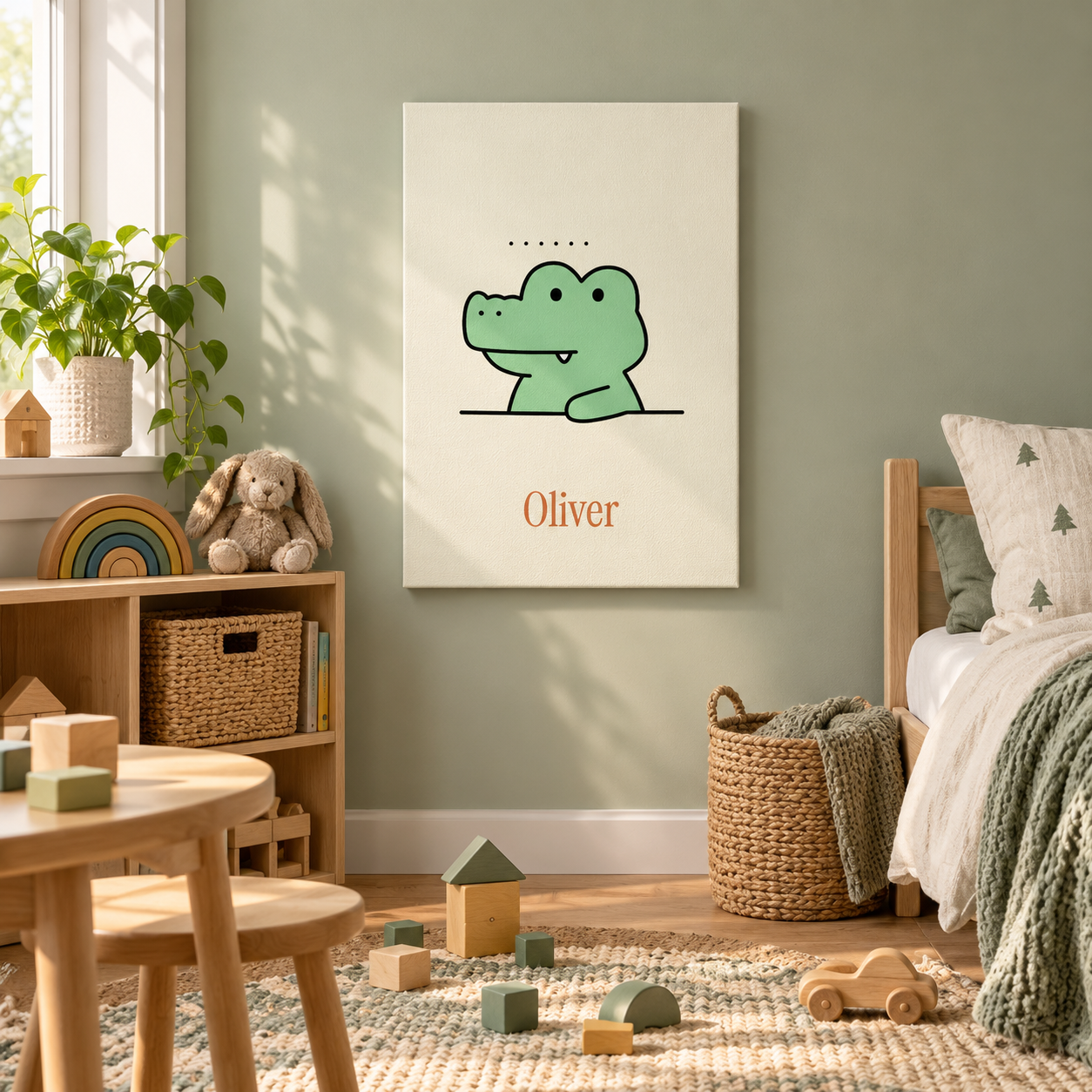 Crocodile Garden personalised canvas in a child's bedroom with example name Oliver