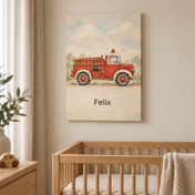 Vintage Fire Engine personalised canvas, in a child's bedroom, example name Felix