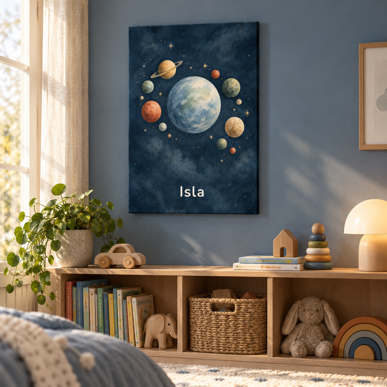 Quiet Cosmic Adventure personalised canvas, in a child's bedroom, example name Isla