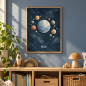 Quiet Cosmic Adventure personalised poster, in a child's bedroom, example name Isla
