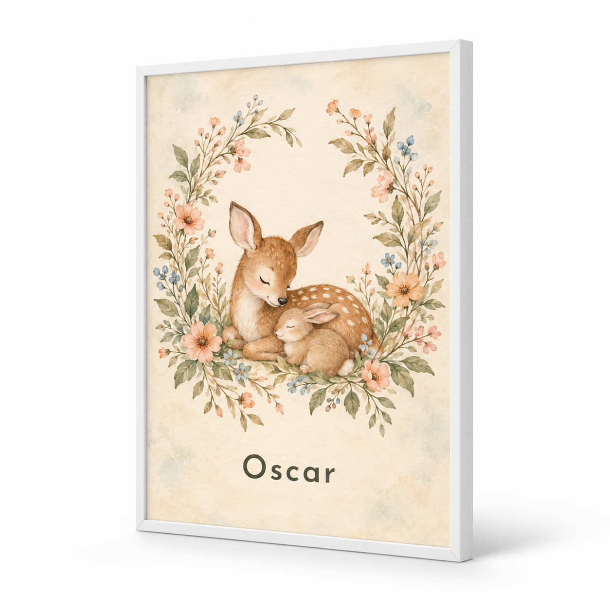 Sleepy Woodland Friends personalised poster, standalone product view, example name Oscar