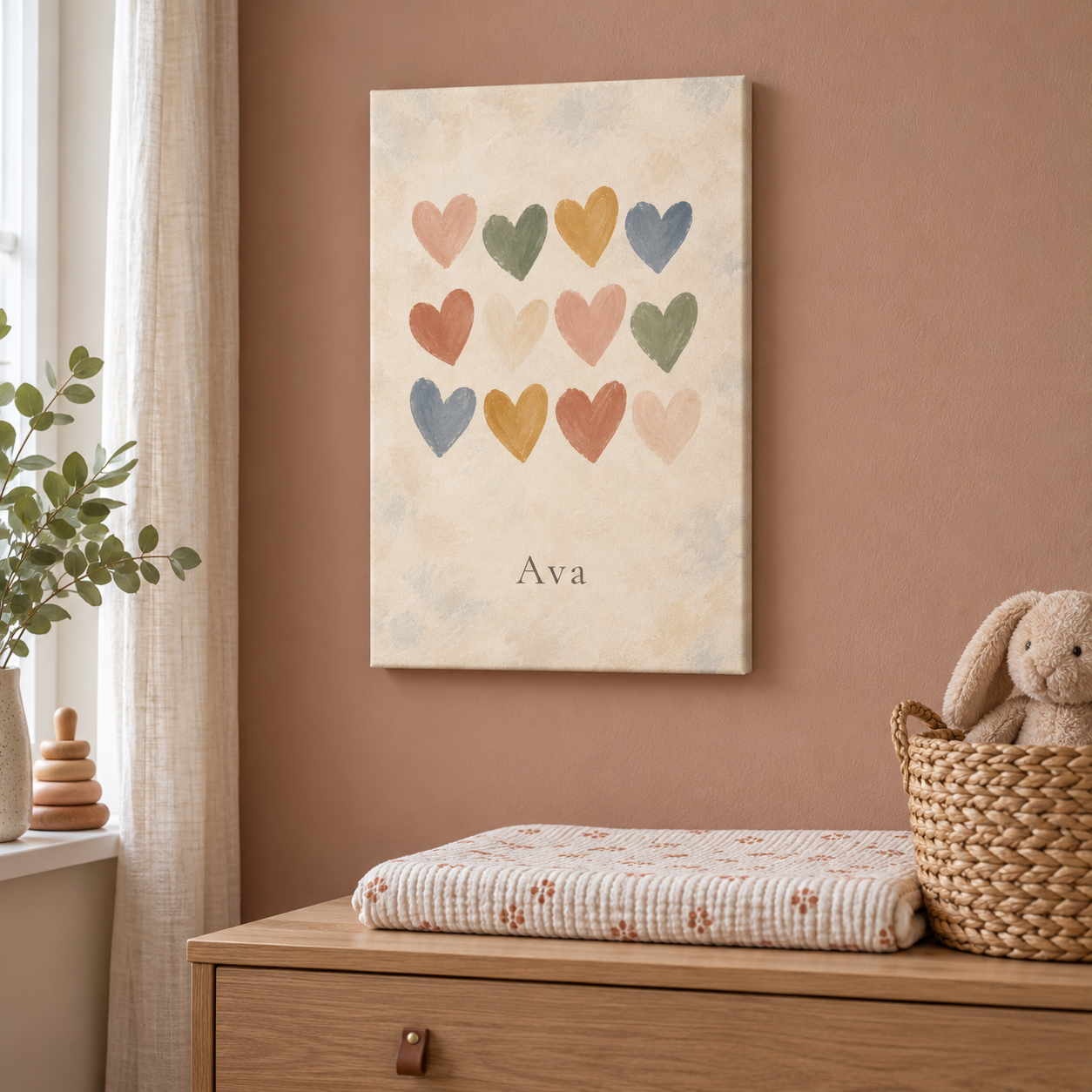 Hearts in Soft Colour personalised canvas, in a child's bedroom, example name Ava