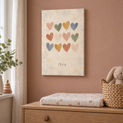 Hearts in Soft Colour personalised canvas, in a child's bedroom, example name Ava