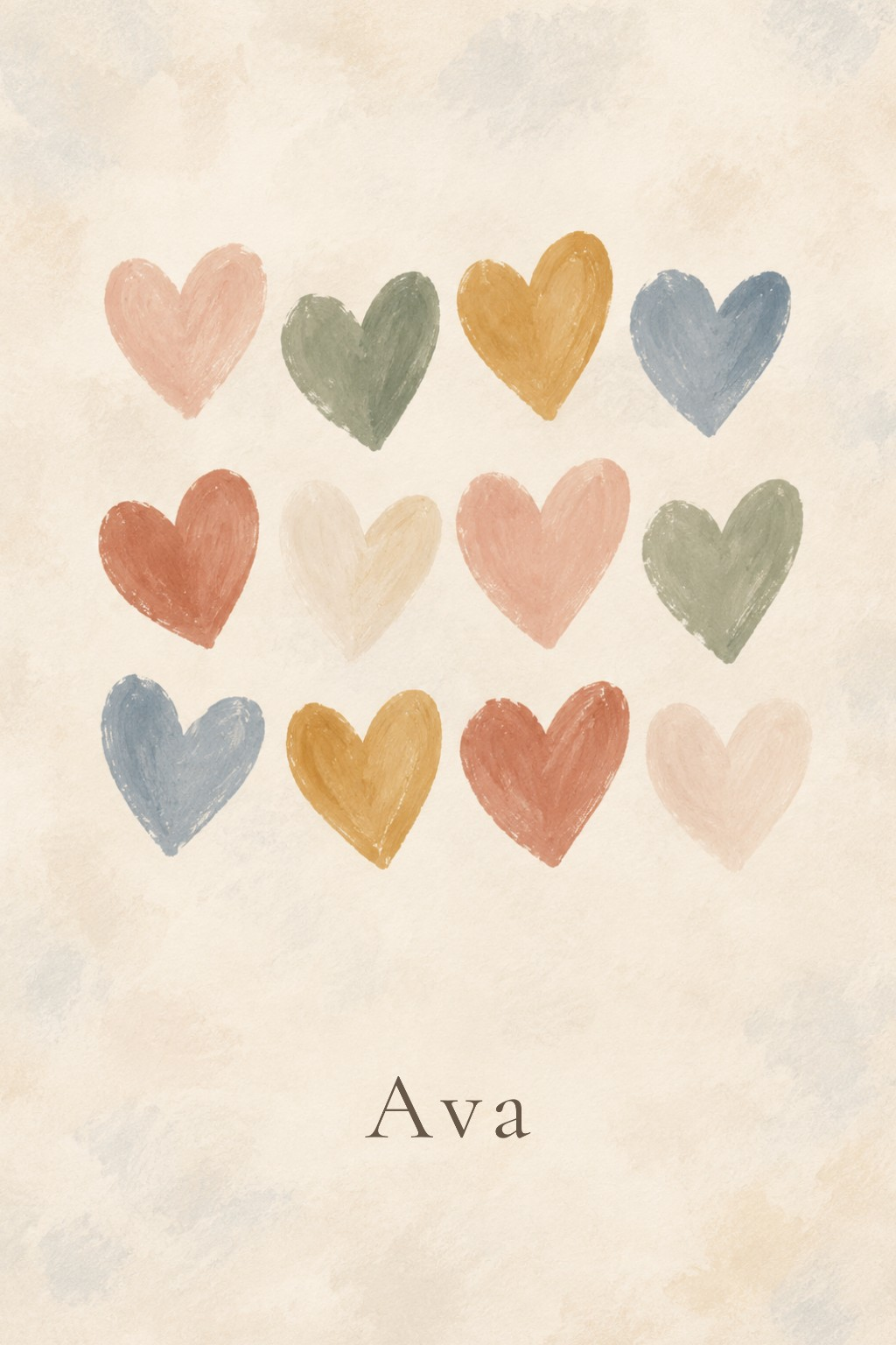 Hearts in Soft Colour personalised artwork with example name Ava