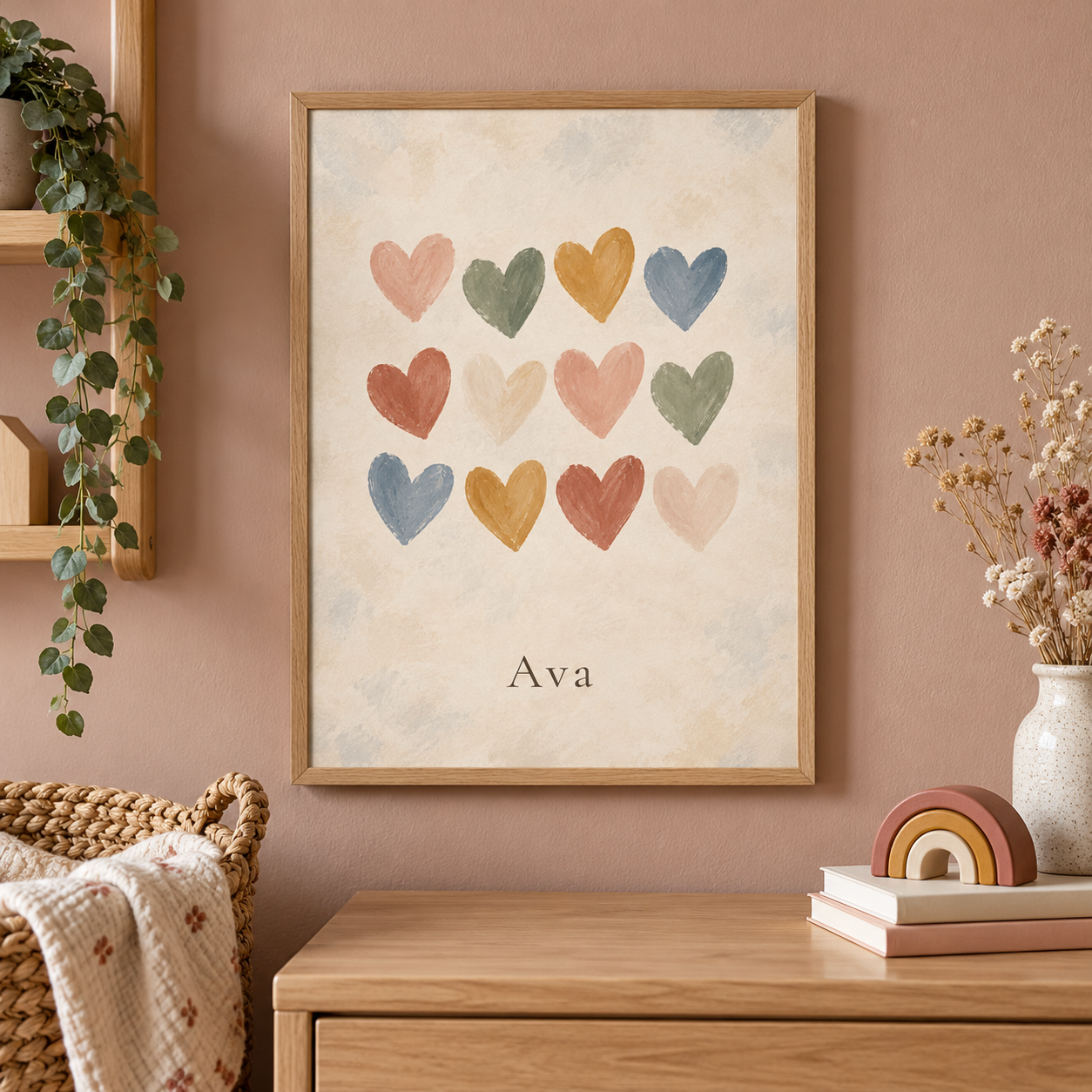 Hearts in Soft Colour personalised poster, in a child's bedroom, example name Ava