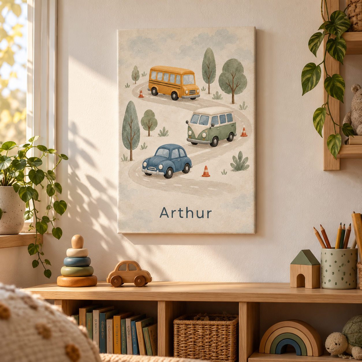 Little Town Traffic personalised canvas, in a child's bedroom, example name Arthur