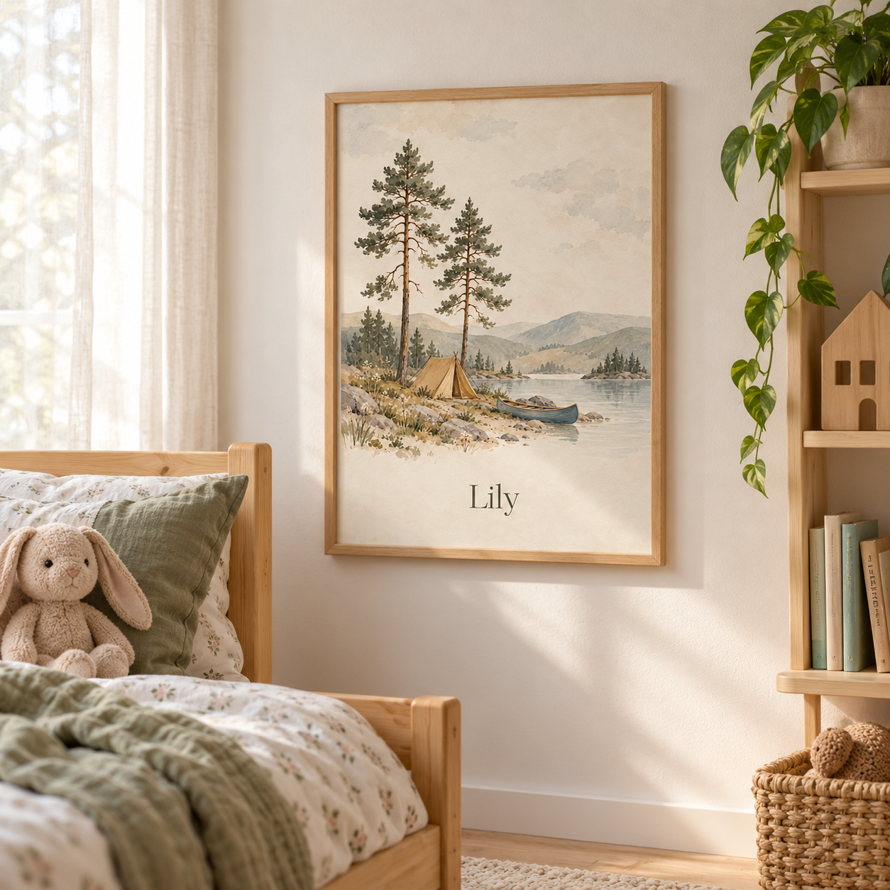 Forest Camping Weekend personalised poster, in a child's bedroom, example name Lily