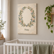 Woodland Botanical Crest personalised canvas, in a child's bedroom, example name Theo
