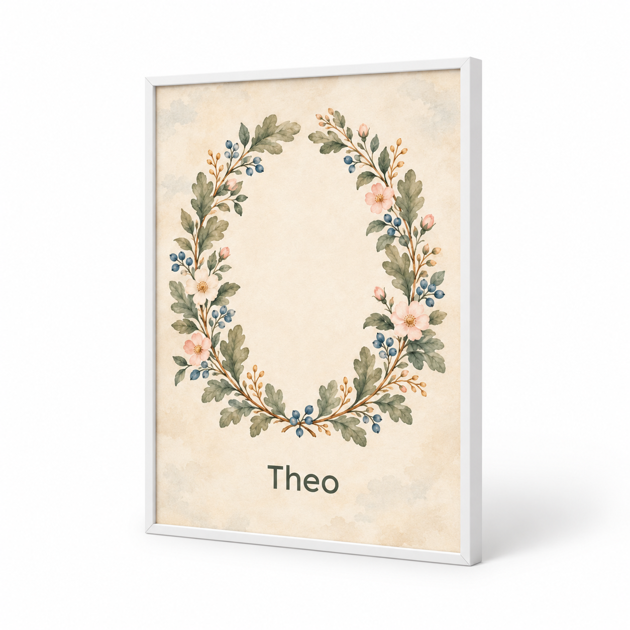 Woodland Botanical Crest personalised poster, standalone product view, example name Theo