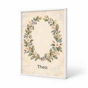 Woodland Botanical Crest personalised poster, standalone product view, example name Theo