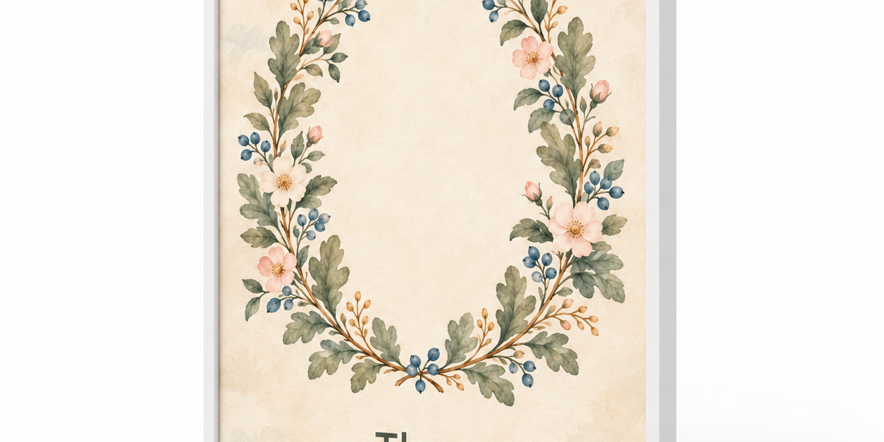 Woodland Botanical Crest personalised poster, standalone product view, example name Theo