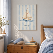 Little Sailboat Club personalised poster, in a child's bedroom, example name Henry