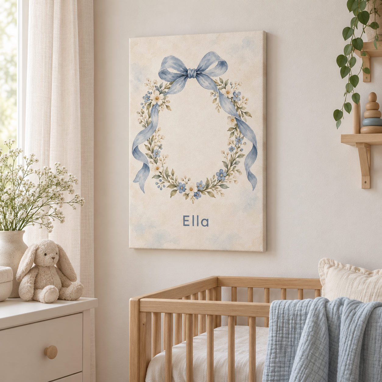 Gentle Ribbon Bow personalised canvas, in a child's bedroom, example name Ella