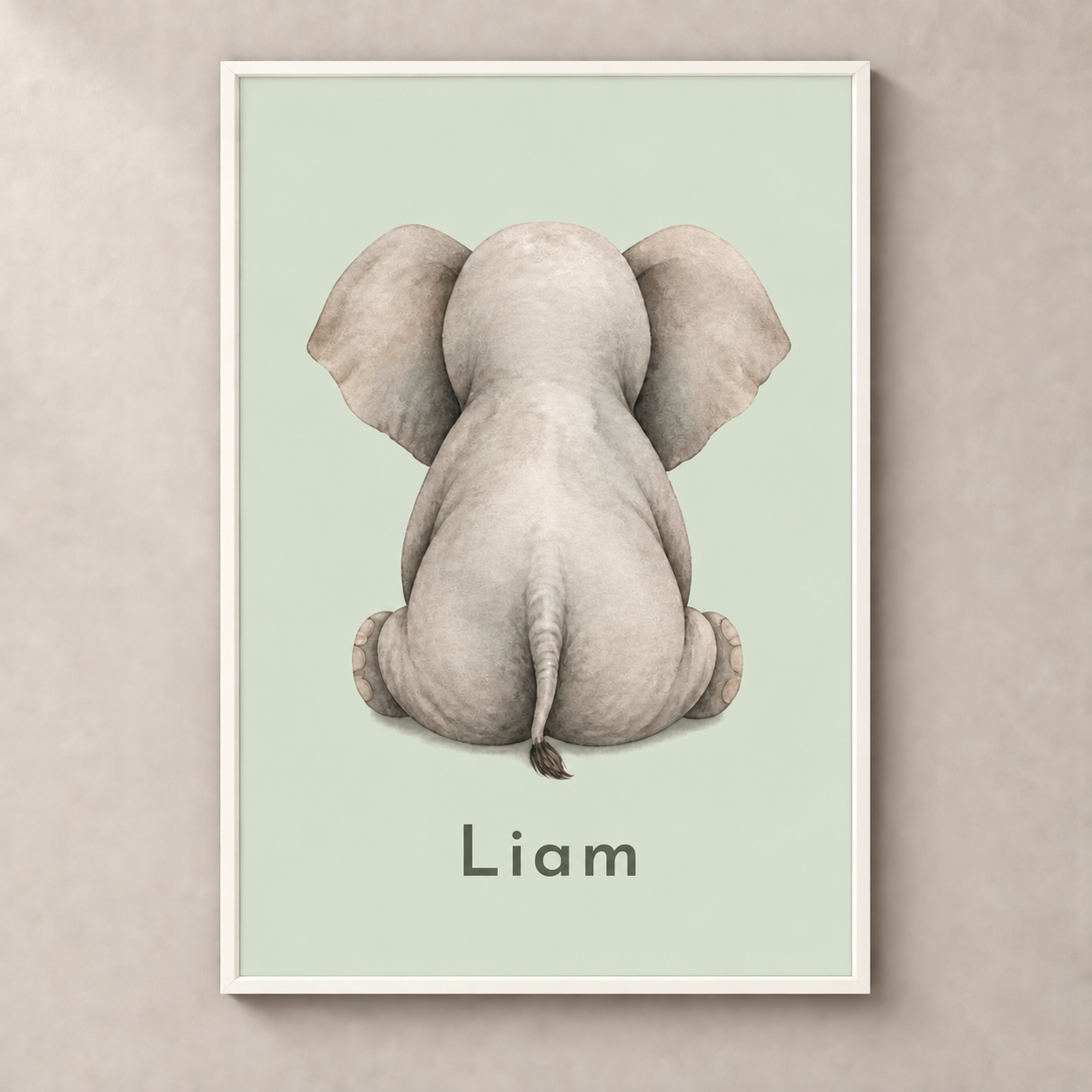 Gentle Elephant personalised poster with white frame and example name Liam