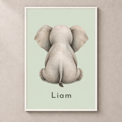 Gentle Elephant personalised poster with white frame and example name Liam