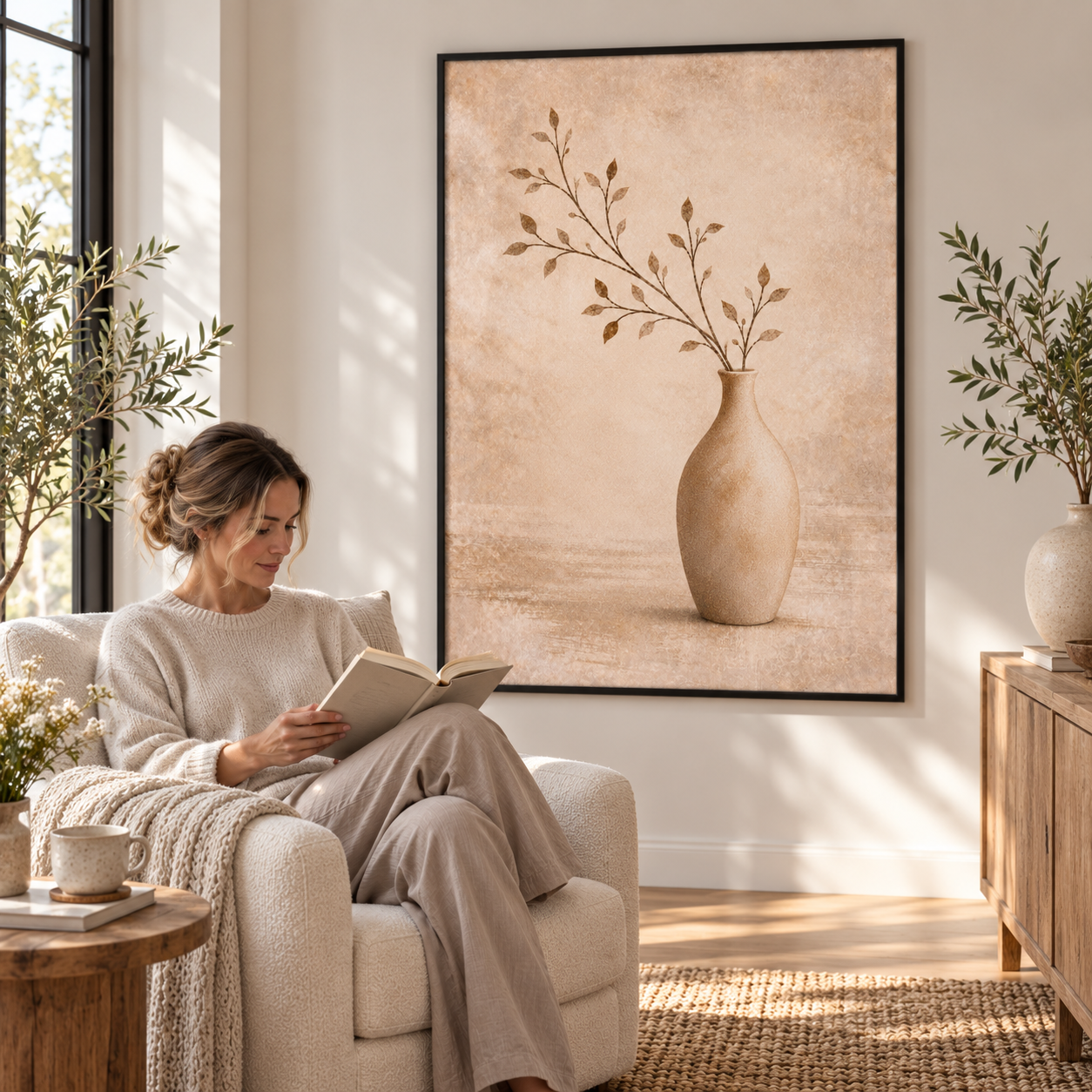 Geometric Earth Harmony No.2 framed poster in a reading corner