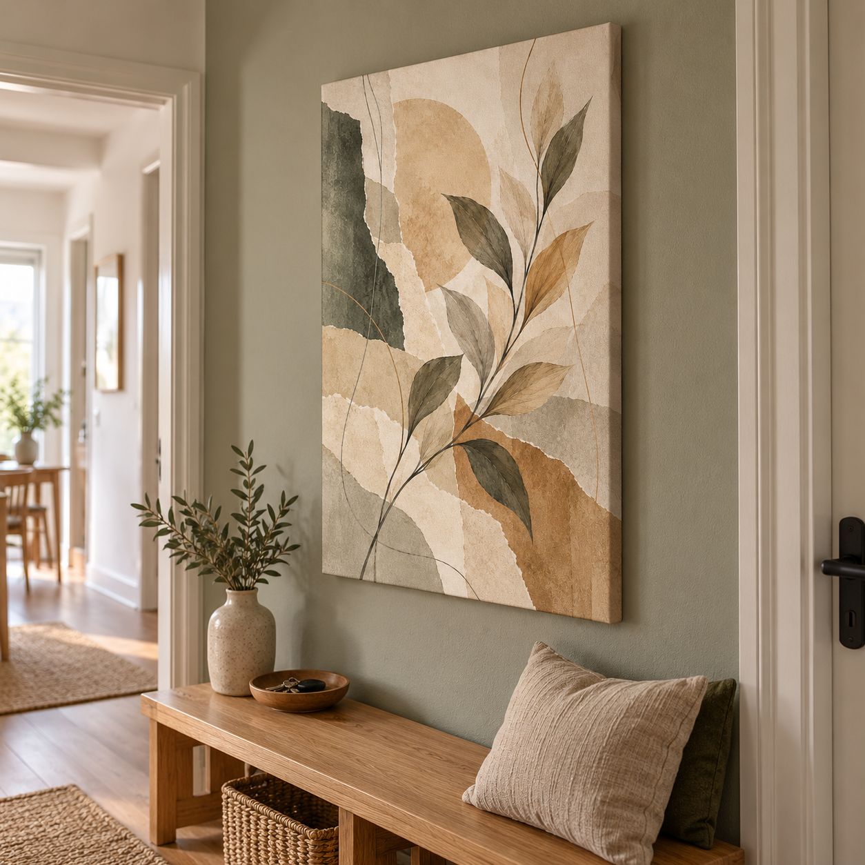 Layered Paper Leaves - vertical canvas in a home interior
