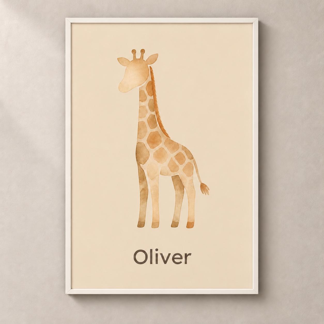 Little Giraffe personalised poster with white frame and example name Oliver
