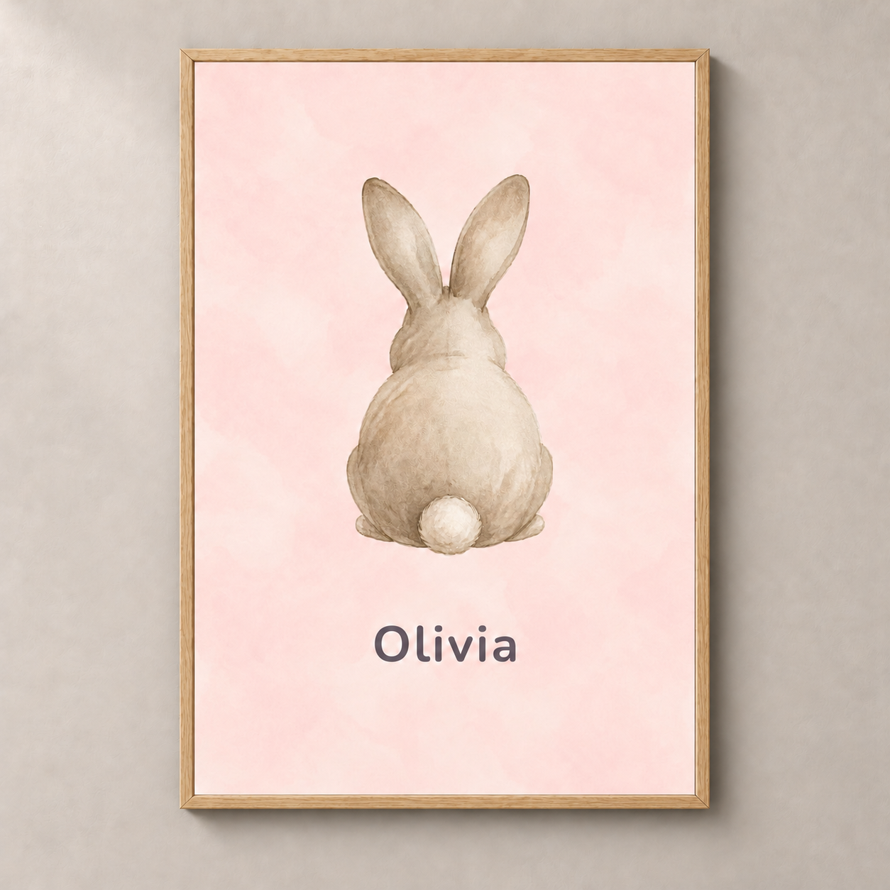 Little Rabbit personalised poster with natural oak frame and example name Olivia