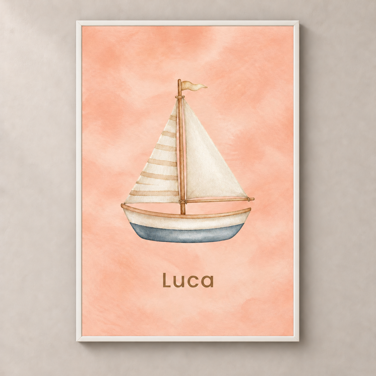 Little Sailboat personalised poster with white frame and example name Luca