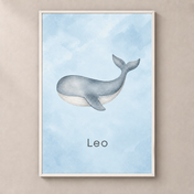 Little Whale personalised poster with white frame and example name Leo