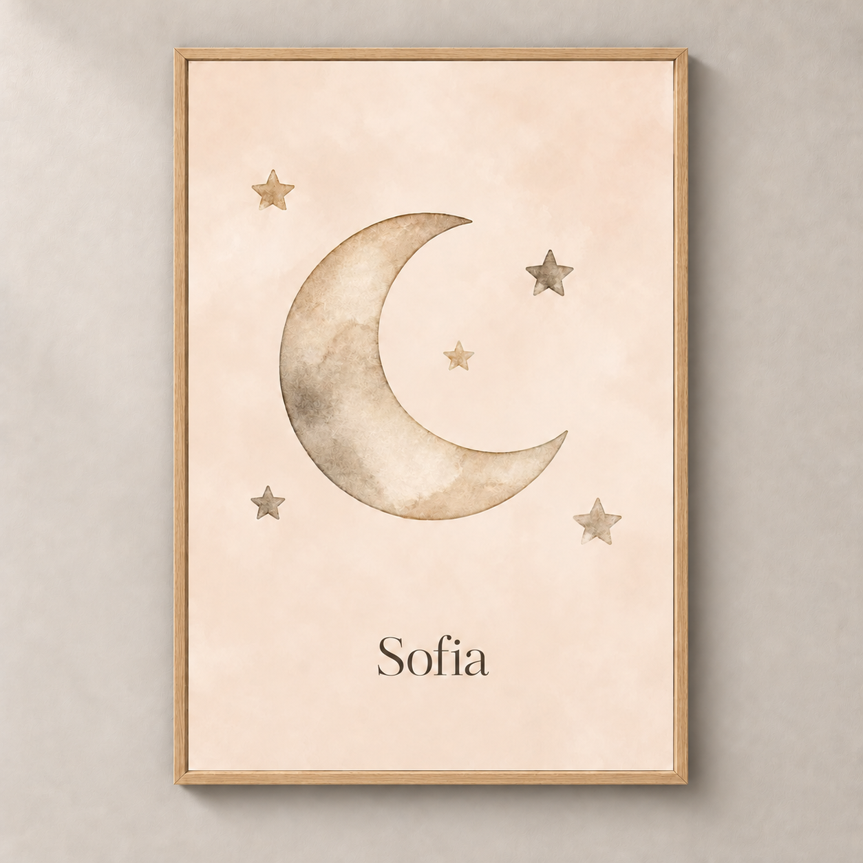 Moon and Stars personalised poster with natural oak frame and example name Sofia