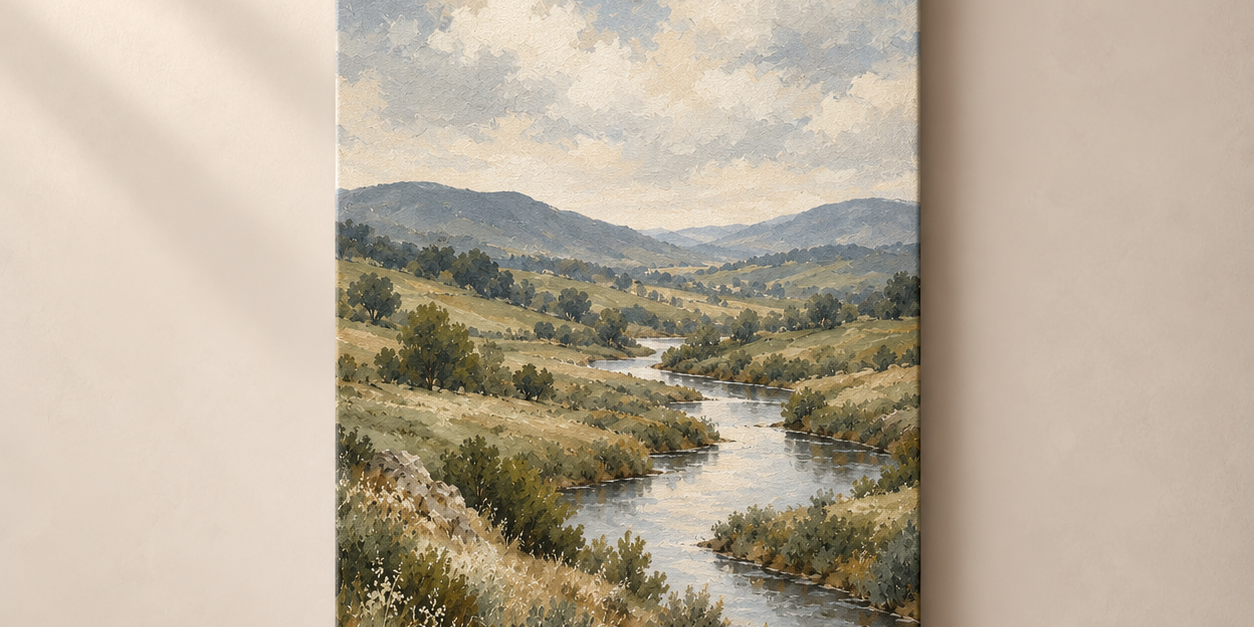 Moss Valley Drift vertical canvas on warm taupe wall