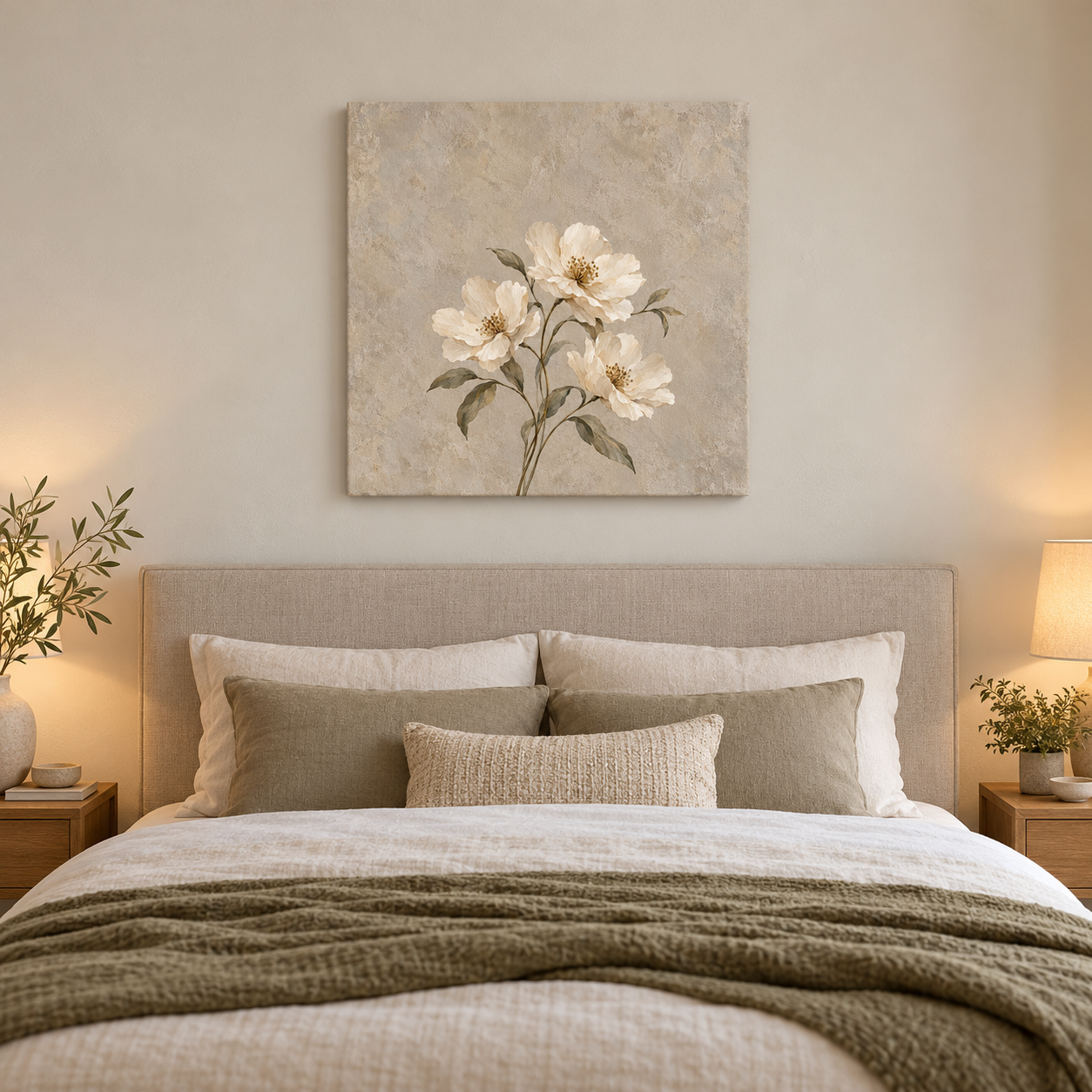Petals in Limestone 60 x 60 cm canvas in a European interior